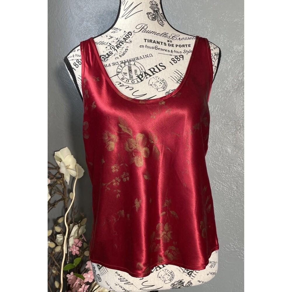 Vintage Victorias Secret Cami Womens Small Red Gold Floral Satin Tank Top Y2K